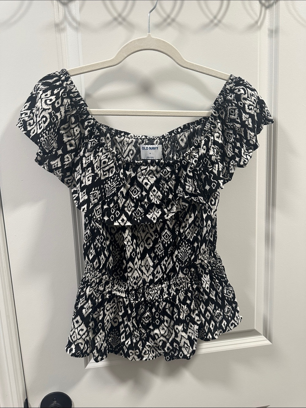 Old Navy Black and White Ruffle Off-Shoulder Blouse